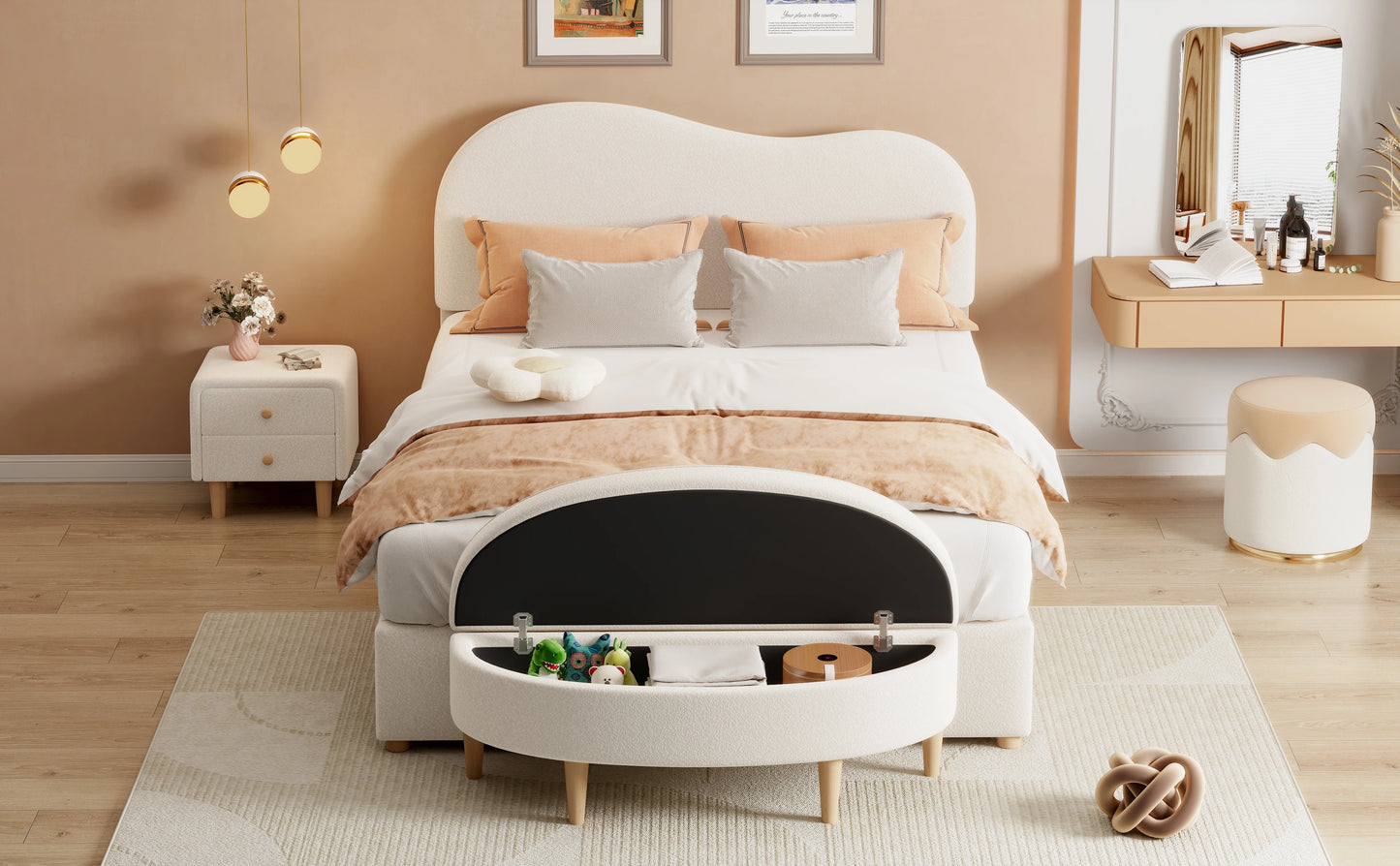 Rosahqnda Komplettschlafzimmer Set,Polsterbett + Bettbänke ,Hydraulisch Doppelbett, Verstellbares Kopfteil