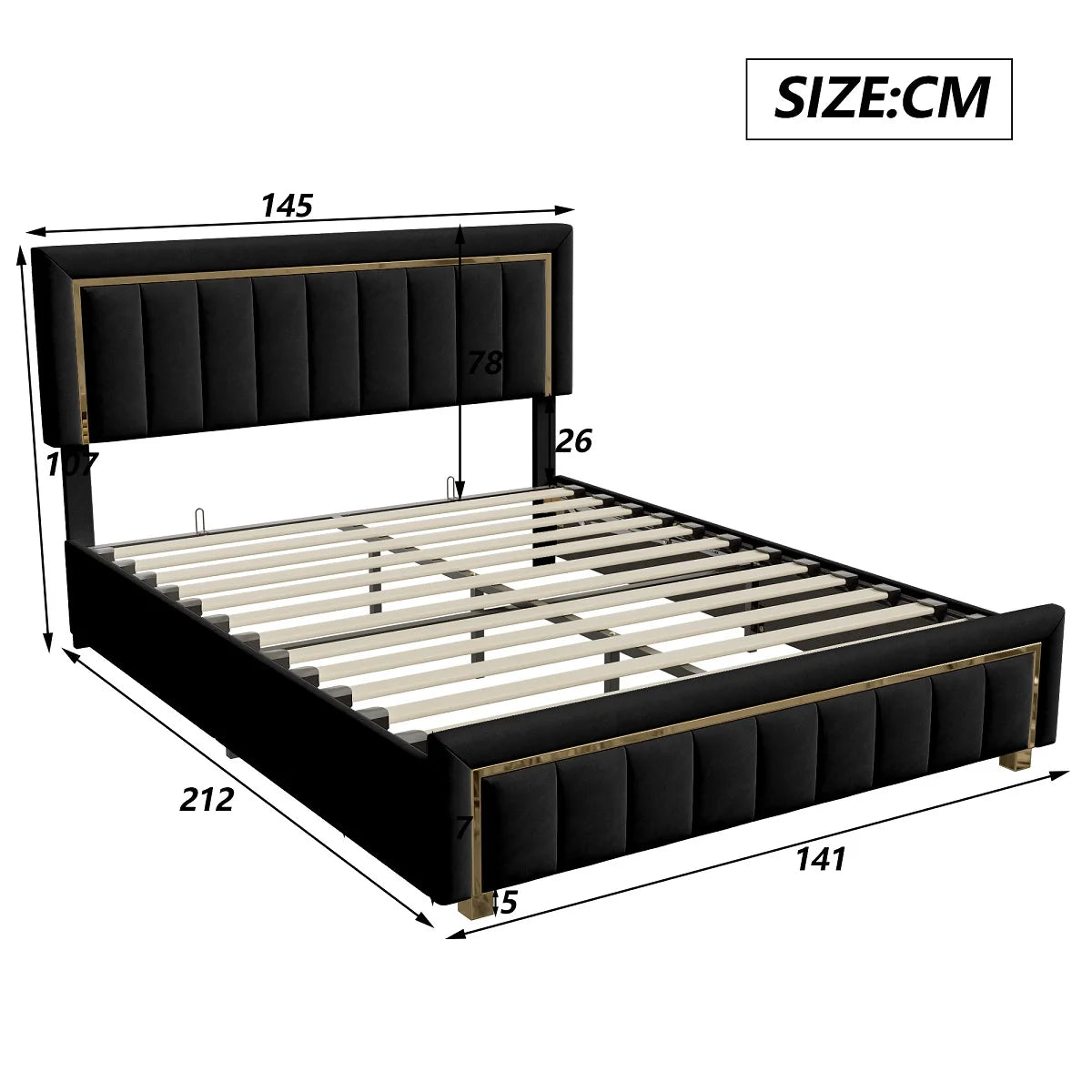Polsterbett140 x 200cm,Doppelbett mit Hydraulisch und Lattenrost,Jugendbett mit hydraulischem Stauraum und Kopfteil,Samt,Schwarz