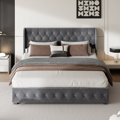 RosahqndaPolsterbett mit Lattenrost und Kopfteil, Boxspringbett mit großem Stauraum, für Erwachsene & Jugendliche, ohne Matratze