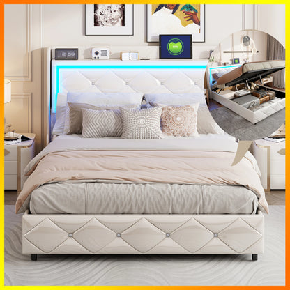 WoodenAura 140x200cm PU-Polsterbett, weißes Einzel und Doppelbett mit Lattenrost, Holz Kopfteil mit dekorativen Knöpfen, RGB-LED