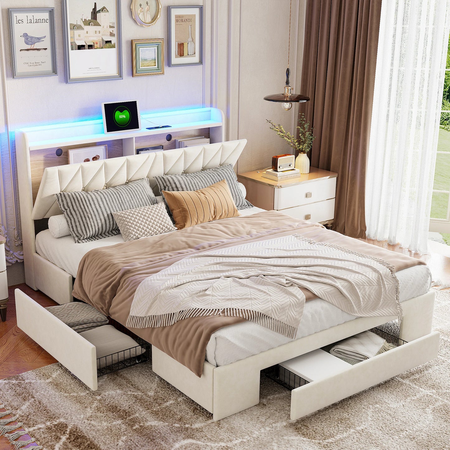 Comanlai 140 x 200 cm Polsterbett, mit 3 Schubladen, USB-Ladefunktion, Doppelbett, ohne Matratze, Samt, Beige