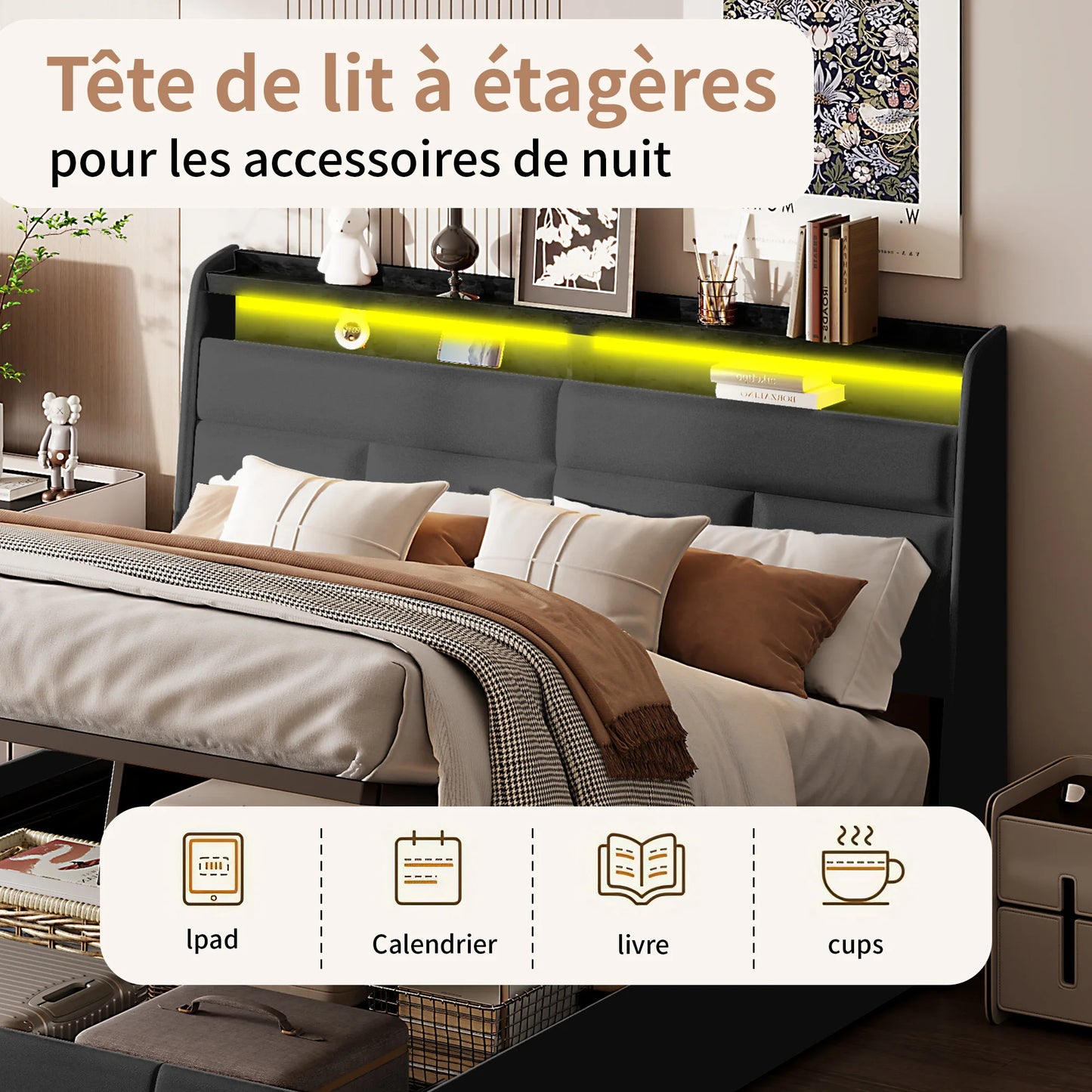 Rosahqnda Doppel-Jugendbettgestell 140–160 x 200 cm mit hydraulischem LED- und USB-Aufbewahrungsbett, Einzelbett, Gäste-/Master-Schlafzimmer, PU, weiß/schwarz