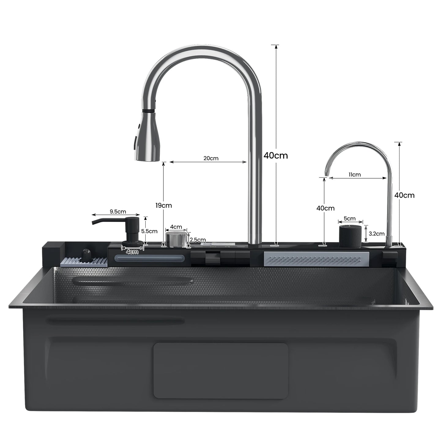 Edelstahl-Wasserfall-Küchenspüle, großes Einzelschlitz-Wasserhahn-Set mit integrierter Digitalanzeige, Seifenspender, Tassenwascher, 75 x 46 cm