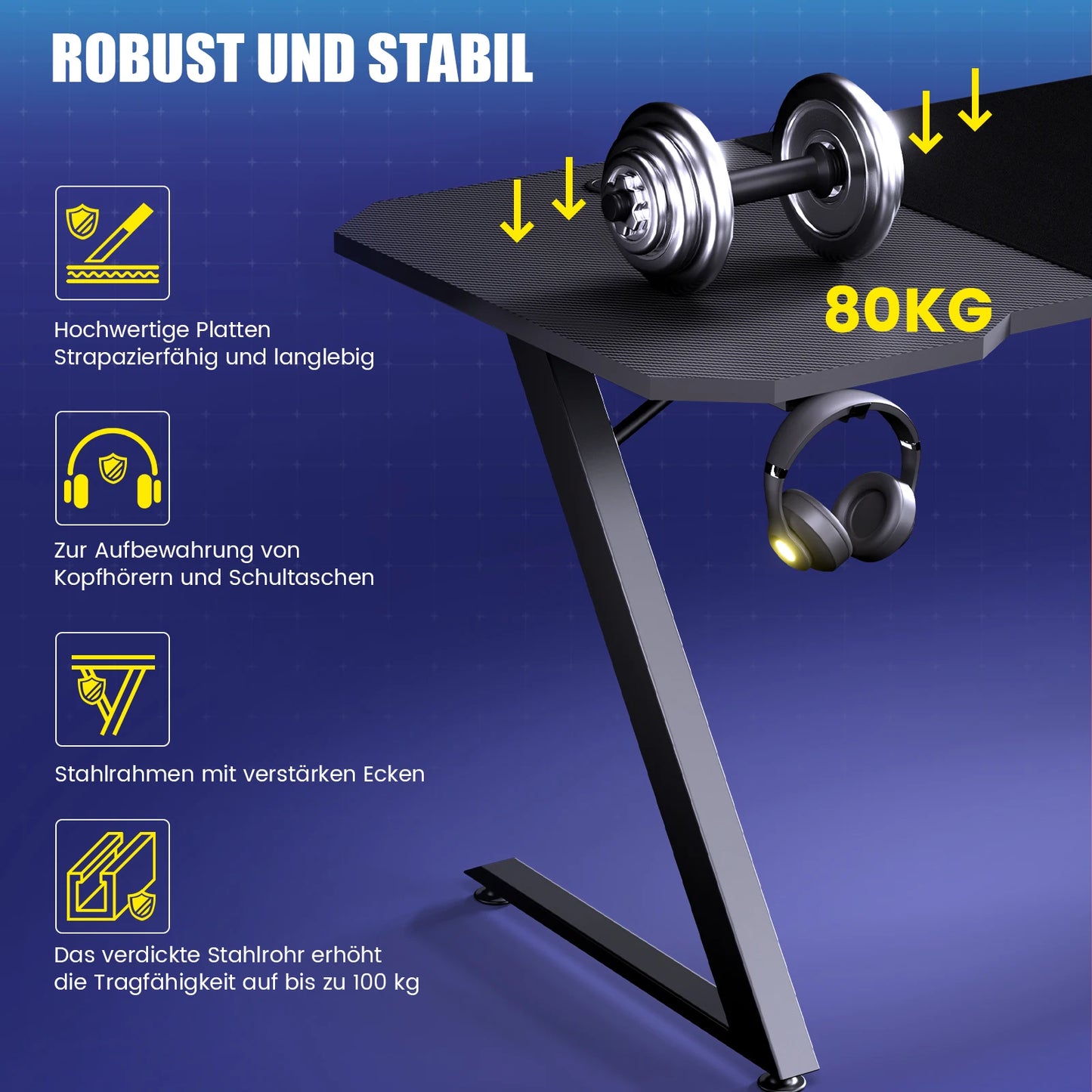 GTPLAYER Gaming Tisch, Gaming Schreibtisch 120 x 60cm, PC Tisch Gamer Tisch mit Kohlefaseroberfläche/LED/Steckdose, Schwarz