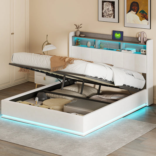 WoodenAura 160x200 CM Polsterbett mit LED-Lichtleiste, Kopfteil mit Stauraum, Doppelbett, flacher Bettrahmen, Metallbettrahmen