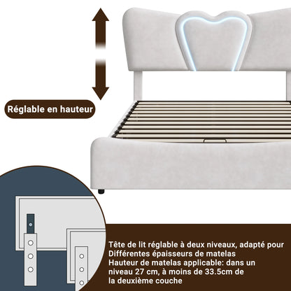 Doppelbett 140x200, LED Stauraumbett mit Lattenrost, Hydraulisch Polsterbett aus Kopfteil Höhenverstellbar, Herzform Kopfteil