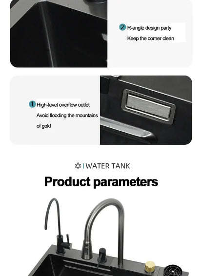 under the household sink    Black Stainless Steel Nano Undermount/Drop in Waterfall Single Bowl Kitchen Sink With Pull-Out Fauce