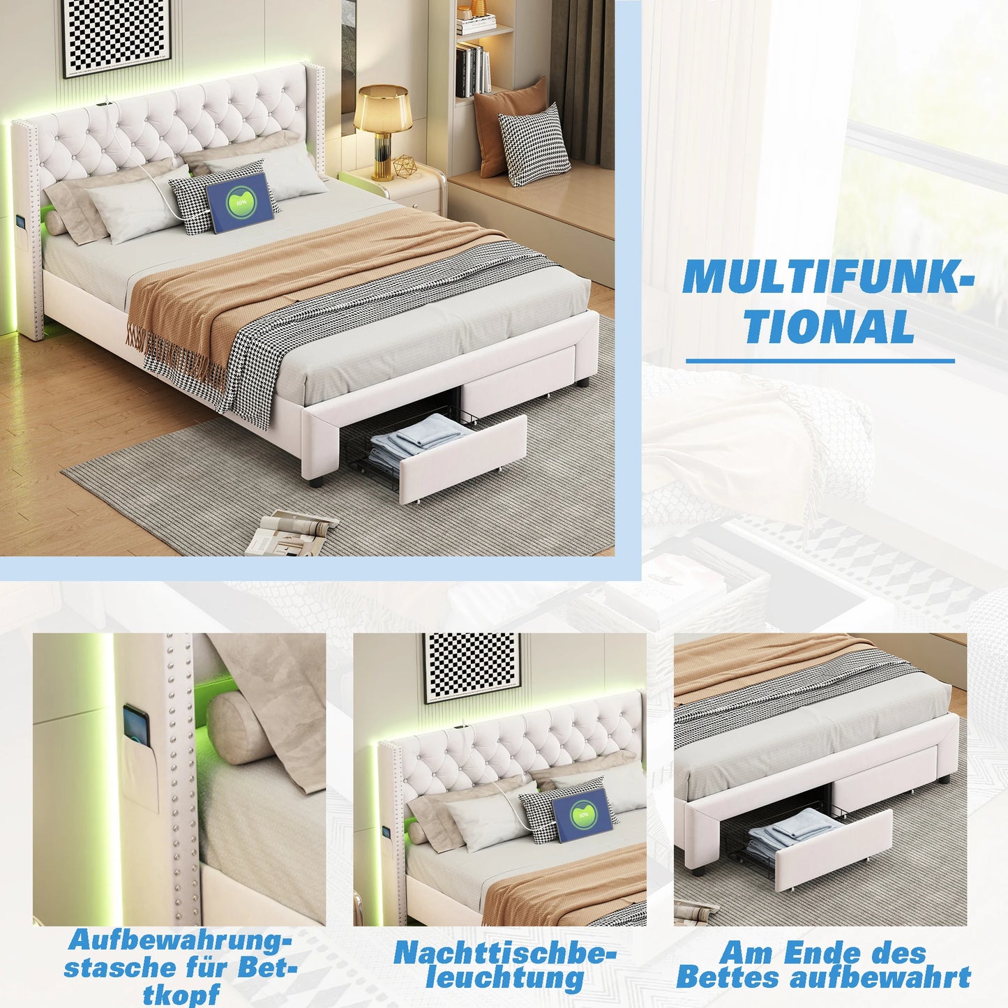 Rosahqnda Modernes Doppelbettgestell, 140 x 190 cm, Bett mit Stauraum, 160–180 x 200 cm, mit LED, USB und 2 Schubladen, Teenagerbett, Gästebett, Samtbeige