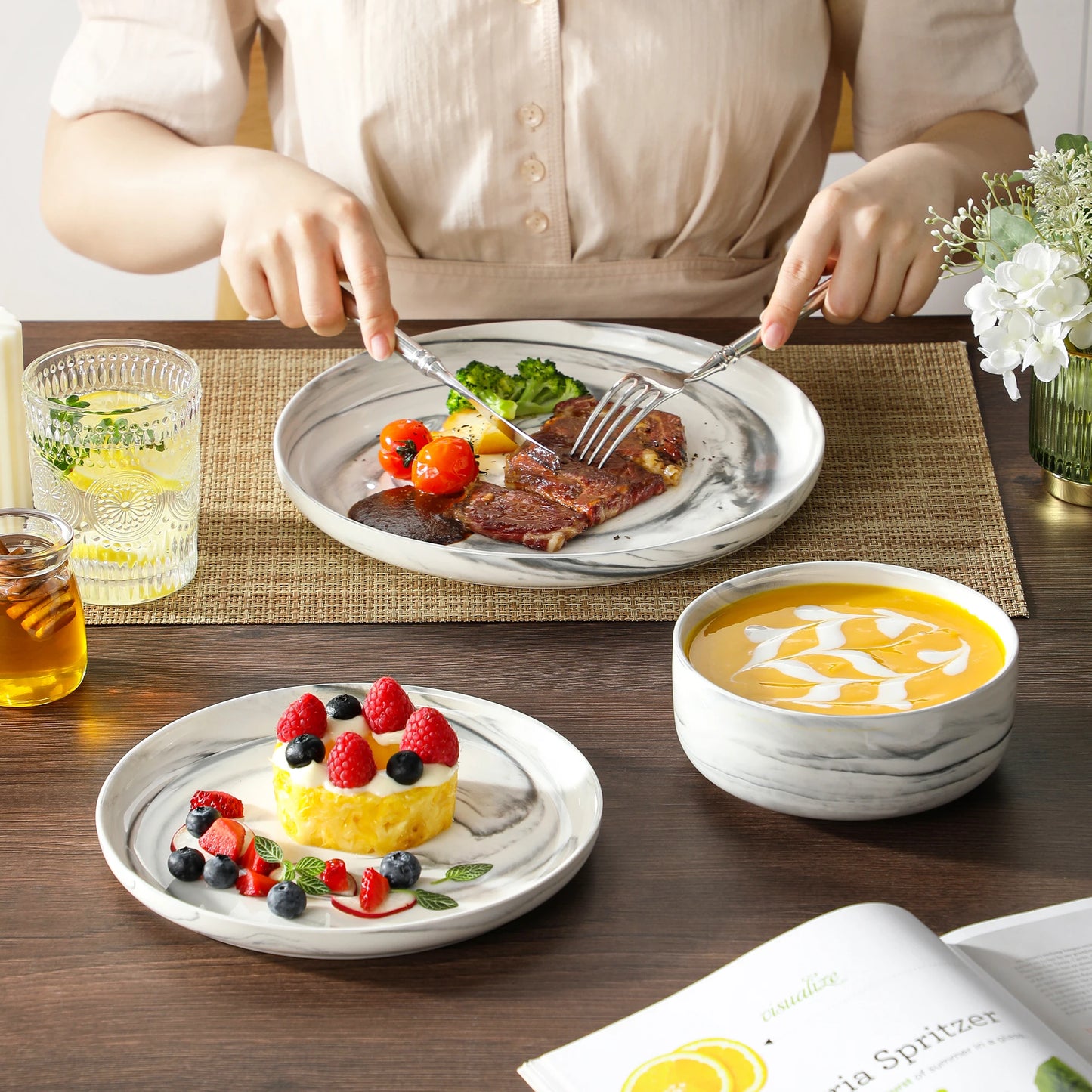 MALACASA 18/36-Piece Ceramic Plate Porcelain Dinnerware Set with 6/12 Pcs Dinner/Dessert Plates,Bowl Tableware Set for 6/12.