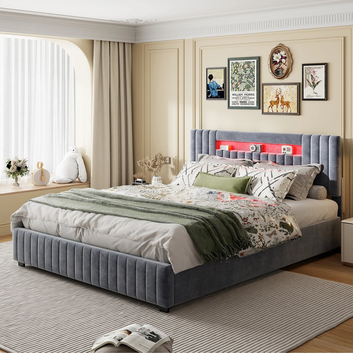 Rosahqnda Polsterbett,Hydraulisches Funktionsbett,Samtkopfteil,Polsterbett,Plattformrahmen mit hochklappbarem Stauraum