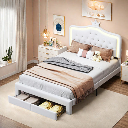 Polsterbett 140x200 cm für Kinder, Prinzessinnenkrone mit LED und Schubladen, Jugendbett mit höhenverstellbarem Kopfteil