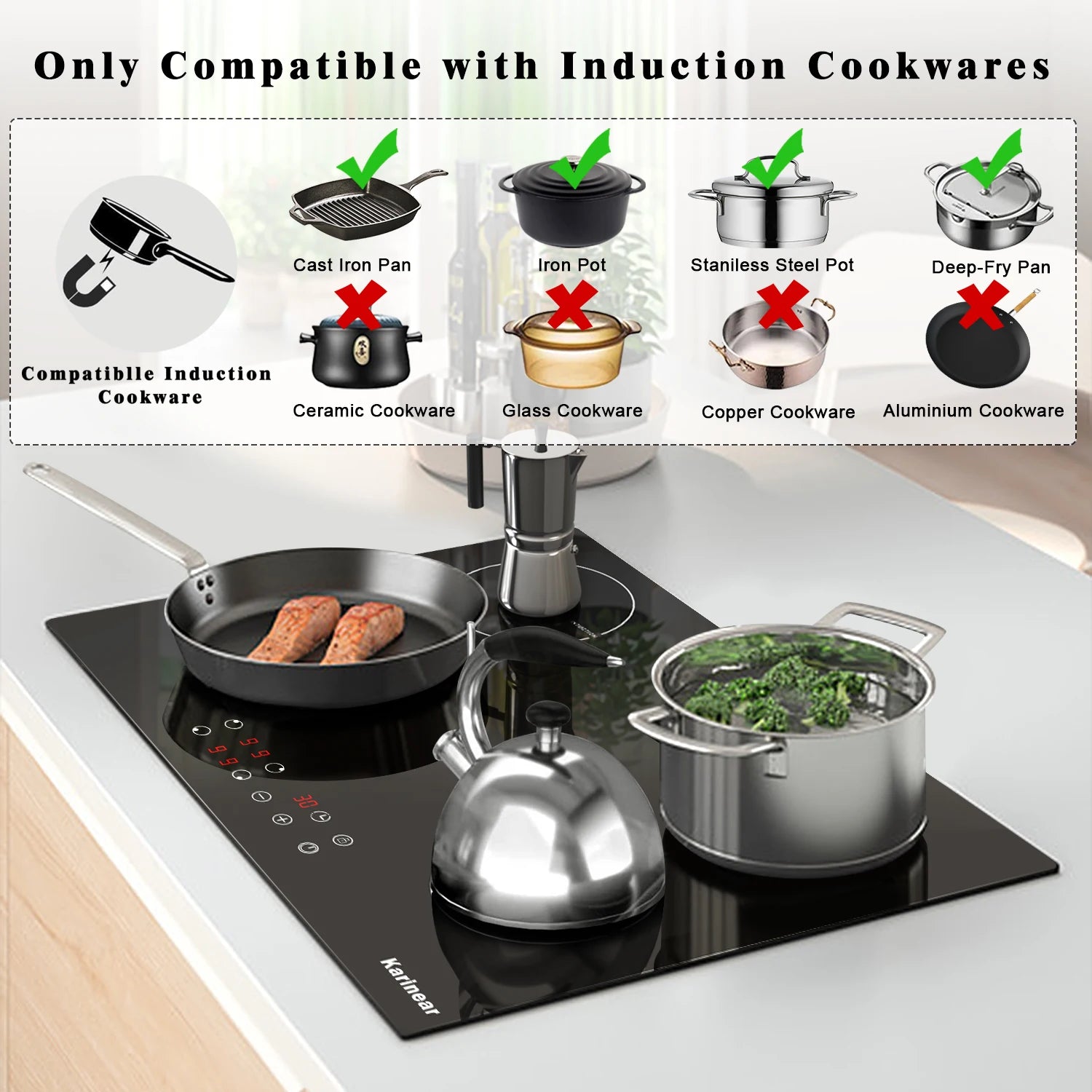 Karinear Built-in Induction Cooktop with 4 Burners with Plug, Touch Control, Timer Safety Lock, 3500W.