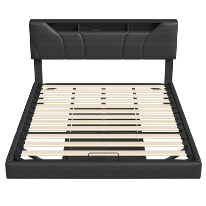 Rosahqnda Soft Bed,Air Pressure Storage Bed, with LED and USB Charging Ports,Adjustable Headboard,Bedroom,Adults,Youth,Black PU