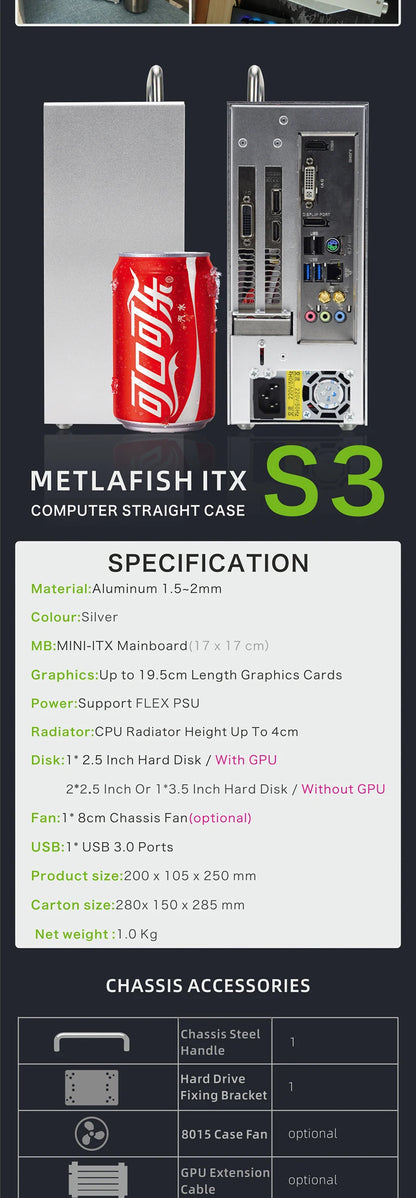 METALFISH S3 MINI-ITX Case All Aluminum Computer Mini Small Chassis Support Flex PSU/195mm GPU.