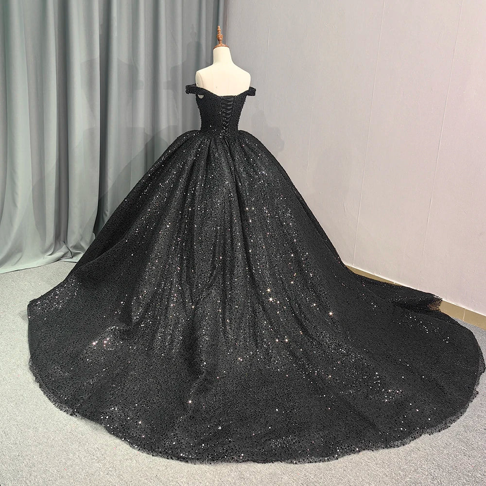 Jancember 6679 Black Off Shoulder Teenage Sequins Birthday Party Formal Quinceanera Dresses.