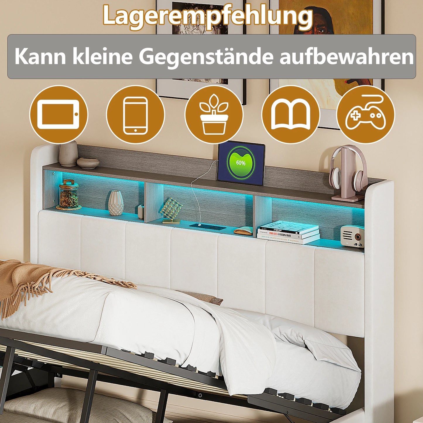 Rosahqnda hydraulisches Doppelbettgestell 140–160 x 200 cm mit LED, USB und großem Stauraum, gepolstertes Gästebett, Teenager-Wohnbett, Samt