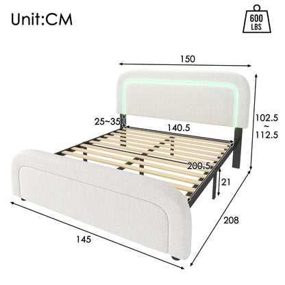 Polsterbett Doppelbett mit USB-Ladeanschluss,LED-Beleuchtung, Funktionelles bett mit Höhenverstellbarem Kopfteil(Ohne Matratze)