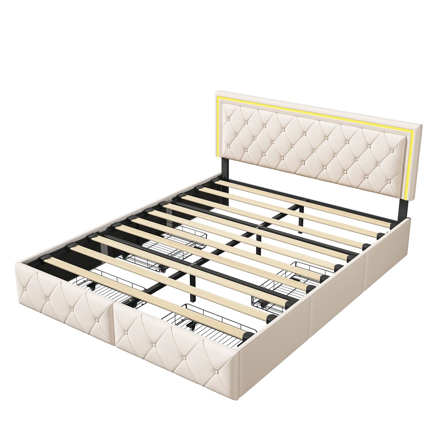 WoodenAura Polsterbett 160x200 cm mit LED-Beleuchtung, Doppelbett mit 4 Schubladen, Bett rahmen mit Lattenrost, keine Matratze