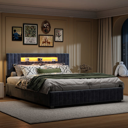 Rosahqnda 140x200 Bett mit Stauraum und Untergestell, gepolstertes Bett mit Stauraum, Doppelbett mit LED, Bettgestell aus Samt, mit Lattenrost, Grau