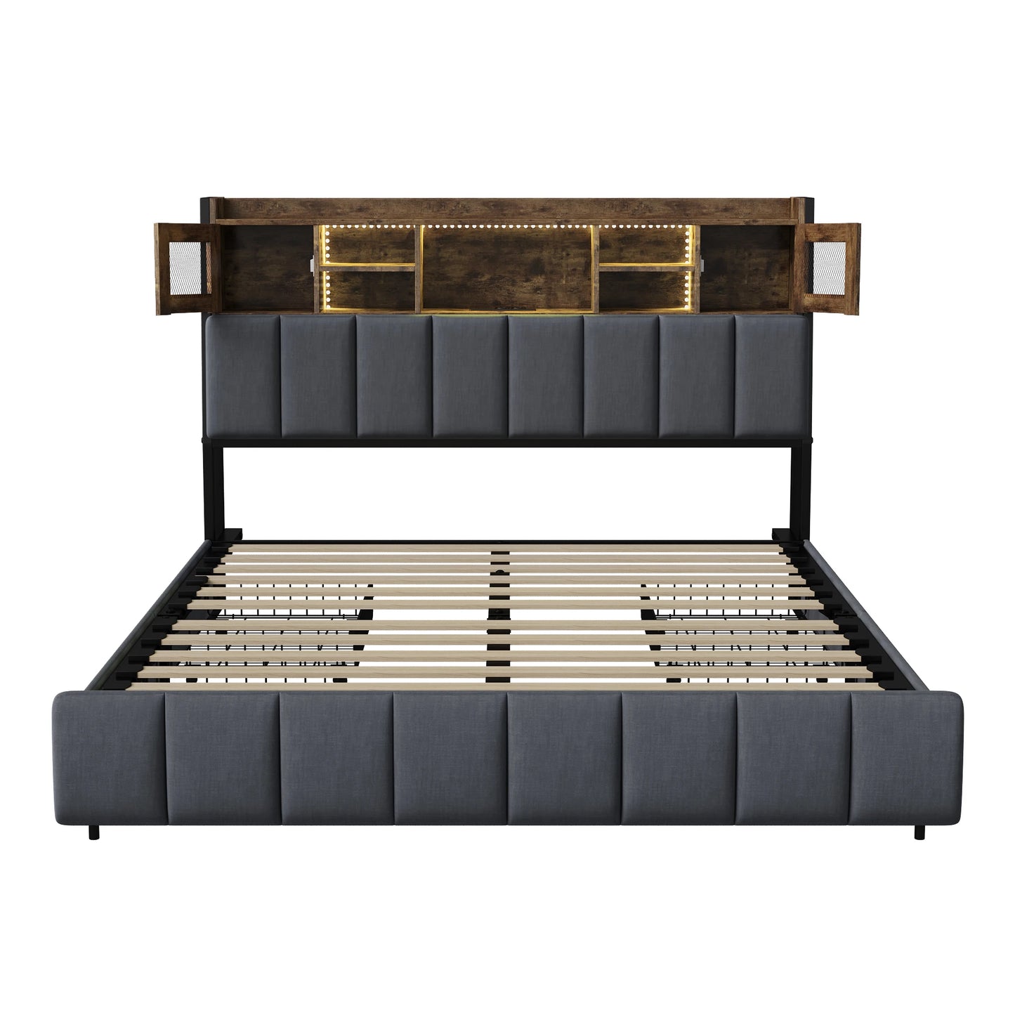 WoodenAura Polsterbett 140x200cm, Doppelbett mit 4 Schubladen, LED Kopfteil mit USB Ladefunktion, Rückenlehne Bett mit Stauraum