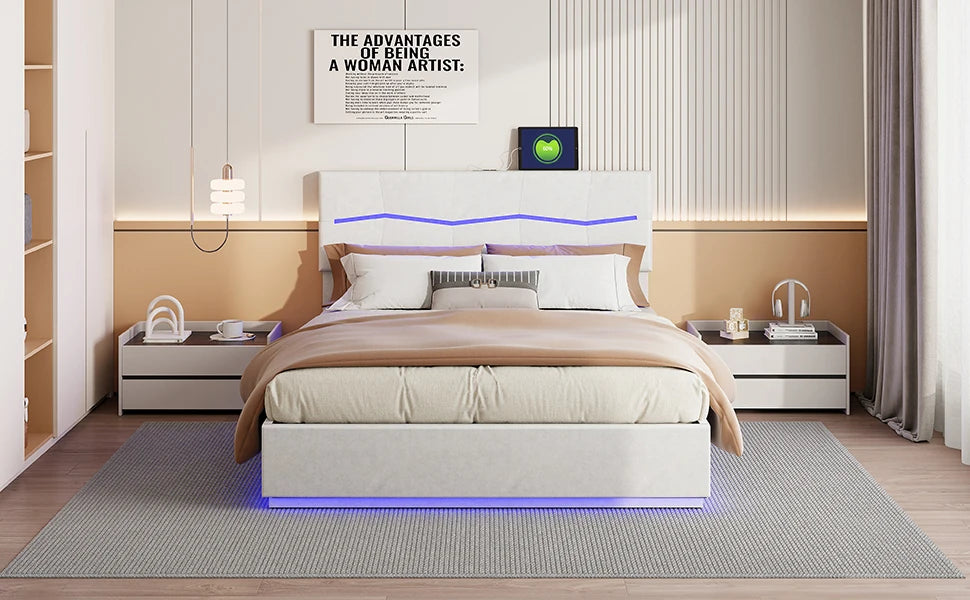 Rosahqnda Doppelbettgestell 140-160-180*200cm Polsterbett mit LED & USB & viel Stauraum, Jugendgästebett, PU, Beige/Schwarz