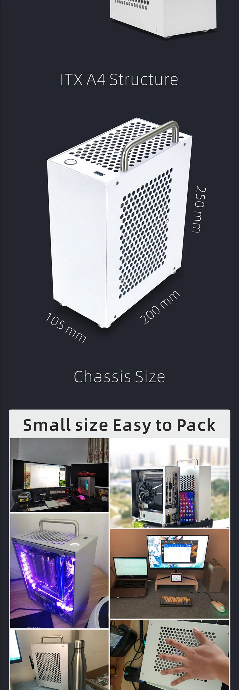 METALFISH S3 MINI-ITX Case All Aluminum Computer Mini Small Chassis Support Flex PSU/195mm GPU.