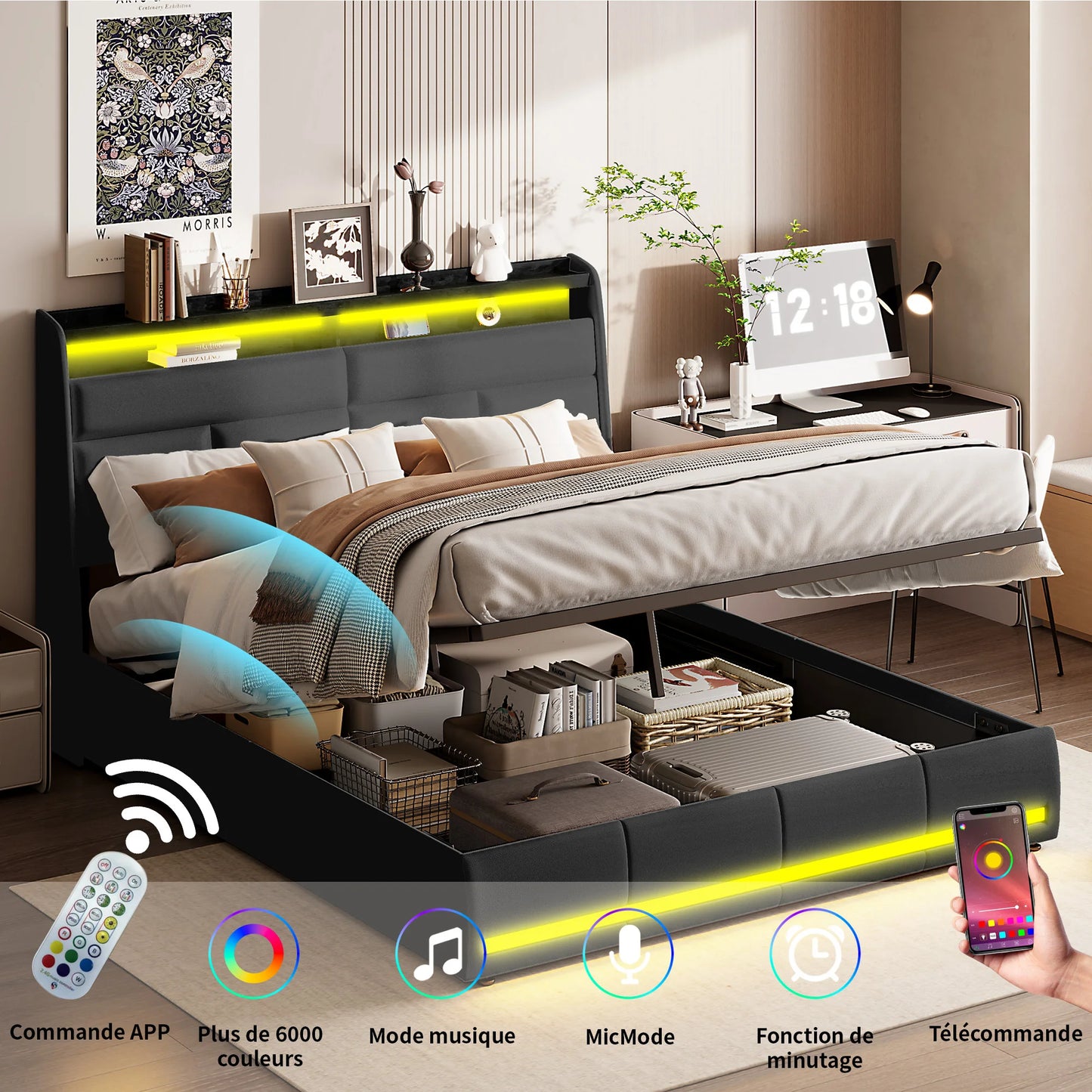 Rosahqnda Doppel-Jugendbettgestell 140–160 x 200 cm mit hydraulischem LED- und USB-Aufbewahrungsbett, Einzelbett, Gäste-/Master-Schlafzimmer, PU, weiß/schwarz