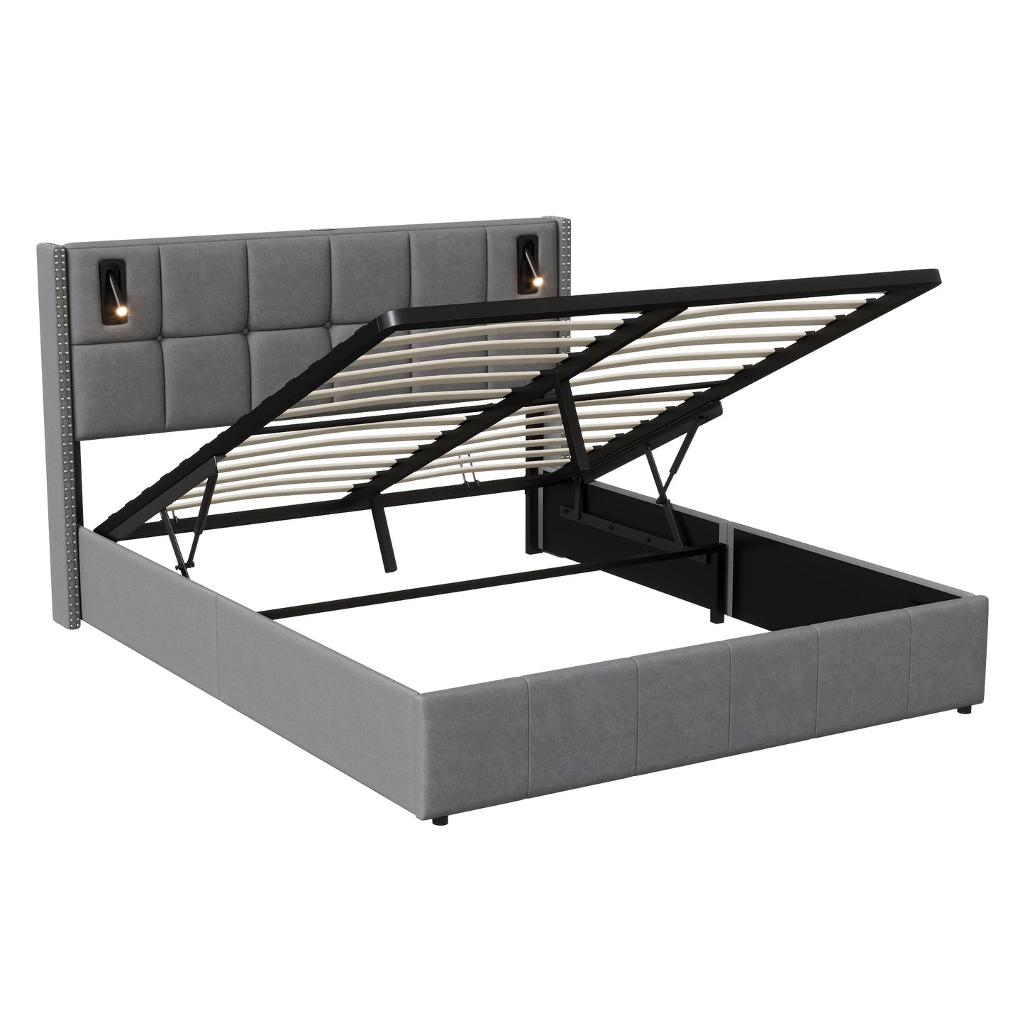 ROSAHQNDA Modernes Polsterbett, hydraulisches Doppelbett mit Leseleuchten, 140/160x200cm, Samtbett mit Stauraum, ohne Matratze