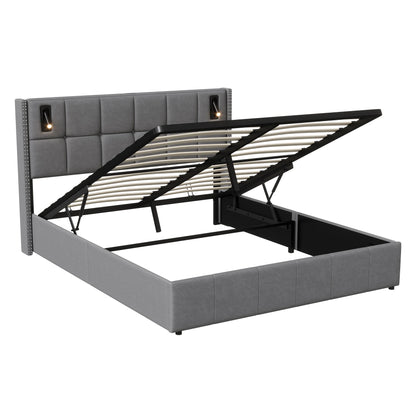 ROSAHQNDA Modernes Polsterbett, hydraulisches Doppelbett mit Leseleuchten, 140/160x200cm, Samtbett mit Stauraum, ohne Matratze