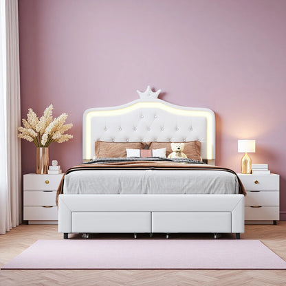 Polsterbett 140x200 cm für Kinder, Prinzessinnenkrone mit LED und Schubladen, Jugendbett mit höhenverstellbarem Kopfteil