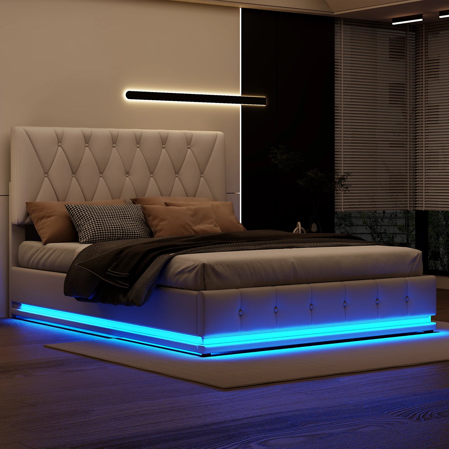 ROSAHQNDA 140x200 cm Polsterbett, PU-Lederbett mit LED- und USB-Anschlüssen, hydraulisches Boxbett, Kunstleder, ohne Matratze