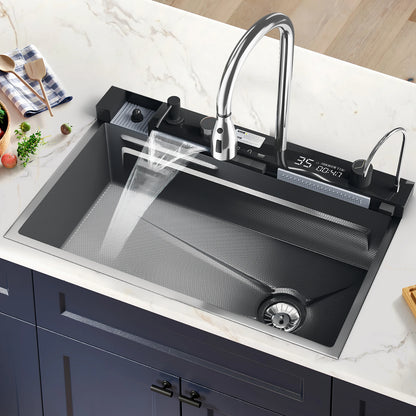 Edelstahl-Wasserfall-Küchenspüle, großes Einzelschlitz-Wasserhahn-Set mit integrierter Digitalanzeige, Seifenspender, Tassenwascher, 75 x 46 cm