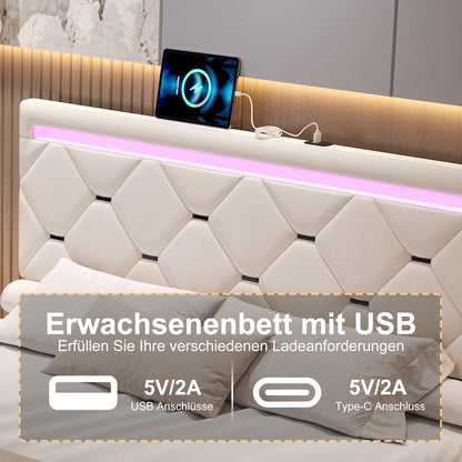 Rosahqnda gepolstertes Bett mit Stauraum, USB-Ladefunktion und LED-Kopfteil und 4 Schubladen, Doppelbettrahmen