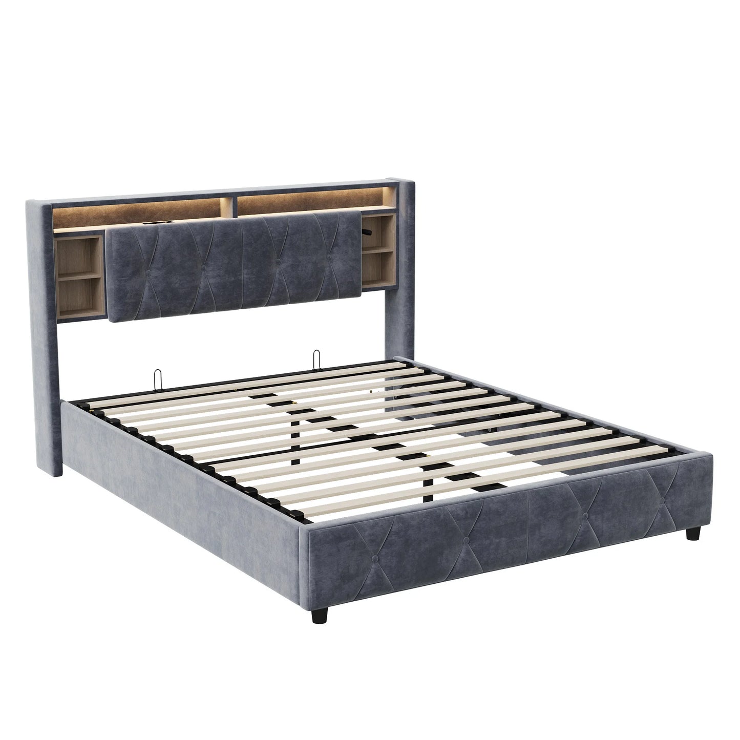 UrbanLuxe Bettgestell 140x200 cm mit LED-Lichtleiste und Dual-USB-Ladeanschluss, Bett mit Stauraum, Lattenrost, Samt, grau