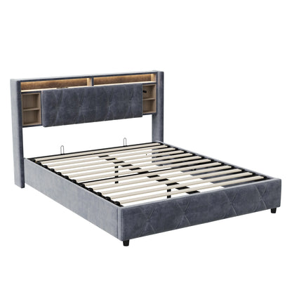 UrbanLuxe Bettgestell 140x200 cm mit LED-Lichtleiste und Dual-USB-Ladeanschluss, Bett mit Stauraum, Lattenrost, Samt, grau