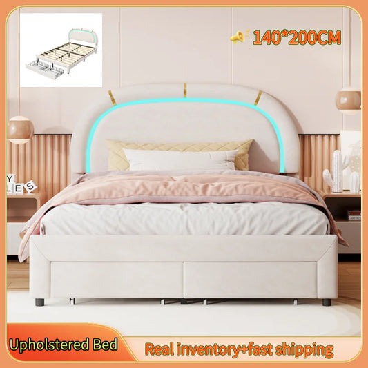 Comanlai 140 x 200 cm Polsterbett, mit Lattenrost aus Holz, mit LED und 2 Schubladen, ohne Matratze, Jugendbett, Samt, Beige