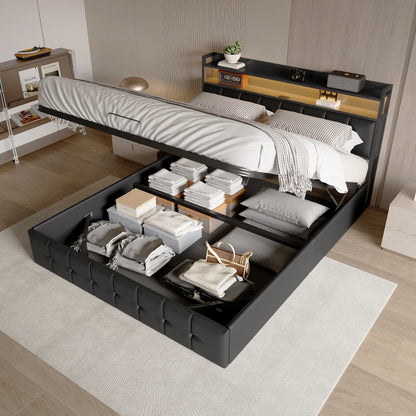 Rosahqnda Polsterbett 140x200 cm mit Lichtleiste, Stauraumbett mit Kopfteil, Doppelbett mit Lattenrost für 2 Personen,PU,Schwarz