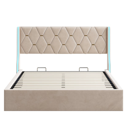 Polsterbett Doppelbett 140x200 cm, Bett mit Stauraum und Lattenrost, Bett mit LED, Stauraumbett mit Bettkasten und Kopfteil