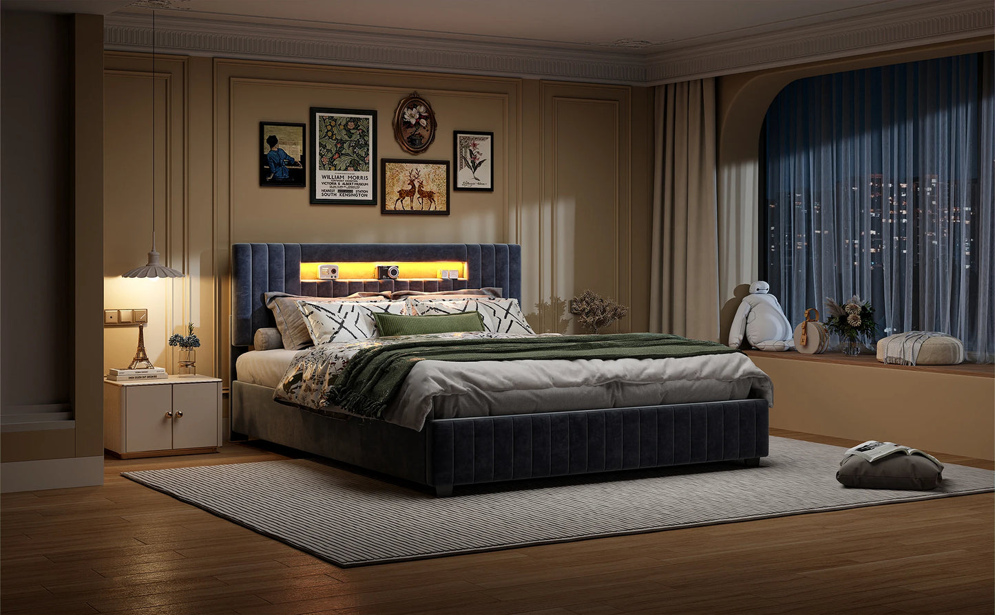 Rosahqnda hydraulisches Doppelbettgestell 140–160 x 200 cm mit LED, USB und großem Stauraum, gepolstertes Gästebett, Teenager-Wohnbett, Samt