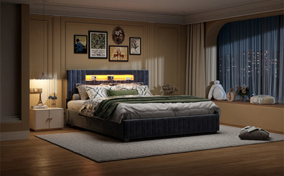 Rosahqnda hydraulisches Doppelbettgestell 140–160 x 200 cm mit LED, USB und großem Stauraum, gepolstertes Gästebett, Teenager-Wohnbett, Samt