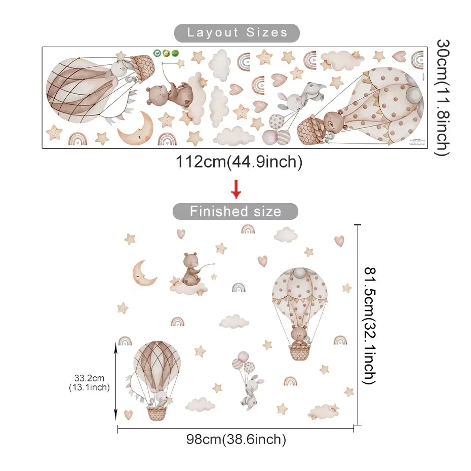 Cartoon Hot Air Balloon Animals Bear Rabbits Wall Stickers for Child Room Boy Room Decoration Nursery Baby Room Decoration Decal.