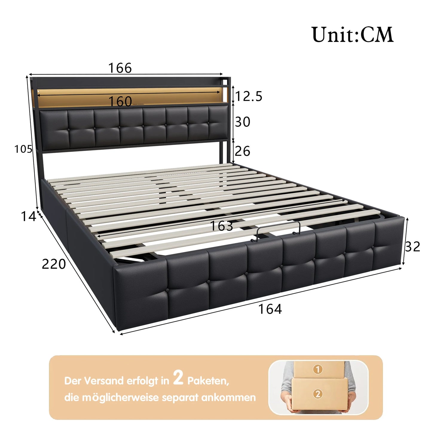 Rosahqnda Multifunctional Double Bed,Rechargeable,LED and Hydraulic Storage,Teen Bed,140/160 x 200 cm,Linen/PU,Grey,Black.