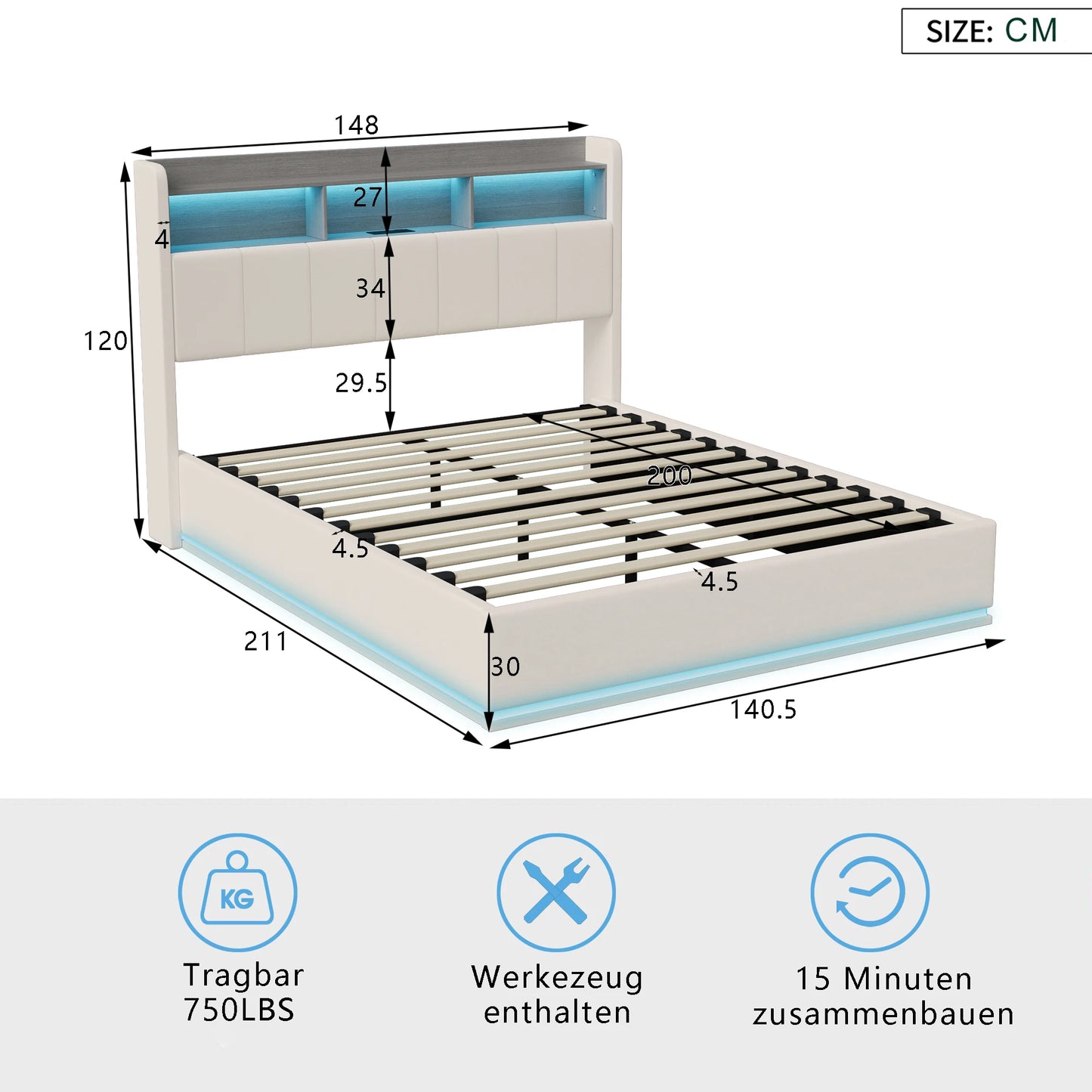 Rosahqnda hydraulisches Doppelbettgestell 140–160 x 200 cm mit LED, USB und großem Stauraum, gepolstertes Gästebett, Teenager-Wohnbett, Samt