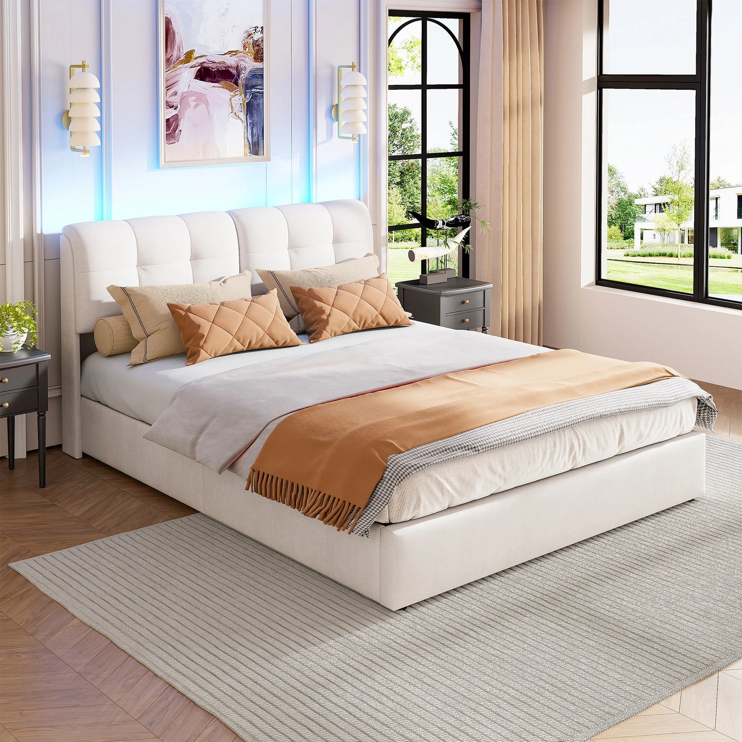 ROSAHQNDA Modernes Polsterbett, LED-Doppelbett mit Rückenlehne, hydraulischer Samtbettrahmen mit USB-Station, ohne Matratze