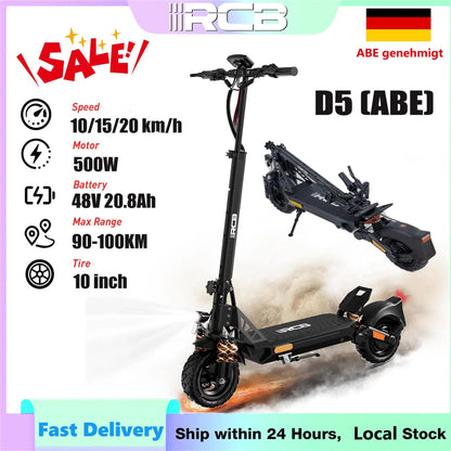 RCB Electric Scooter D5 Pro/D5 (ABE), 48V 27/20.8 Ah Battery, 500W Motor, 10“ Flatproof  Tyre, Dual Shock Absorption E Scooter.