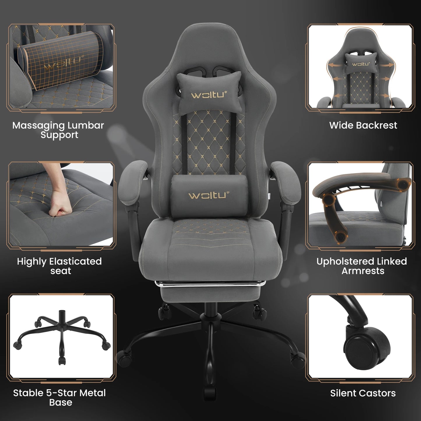 WOLTU Computer-Gamer-Stuhl, ergonomischer drehbarer PC-Gaming-Stuhl mit Taschenfederkissen, Massagefunktion für Büro und Zuhause
