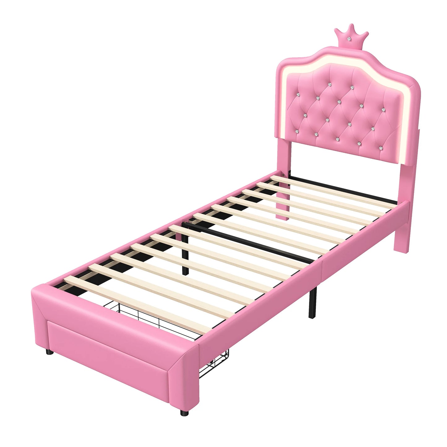 Rosahqnda Kinderbett Kronenform 90/140 x 200 cm, LED und Schubladen, höhenverstellbares Kopfteil, PU, Rosa/Weiß