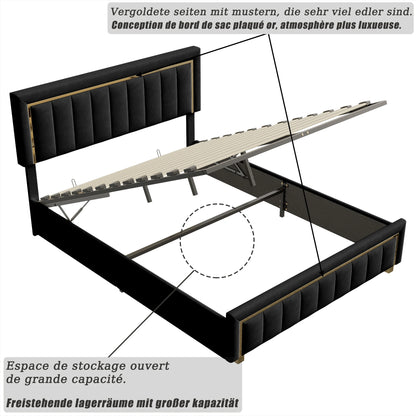 Comanlai 140 x 200 cm Polsterbett, hydraulisches Bett mit Stauraum, mit Kopfteil und Lattenrost, Matratze nicht im Lieferumfang enthalten, Schwarz