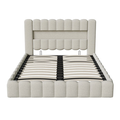 Rosahqnda Polsterbett mit LED- und USB-Anschluss, Leinenbaumstumpfbettgestell mit Kopfteil, 140 x 200 cm großes hydraulisches Bett ohne Matratze