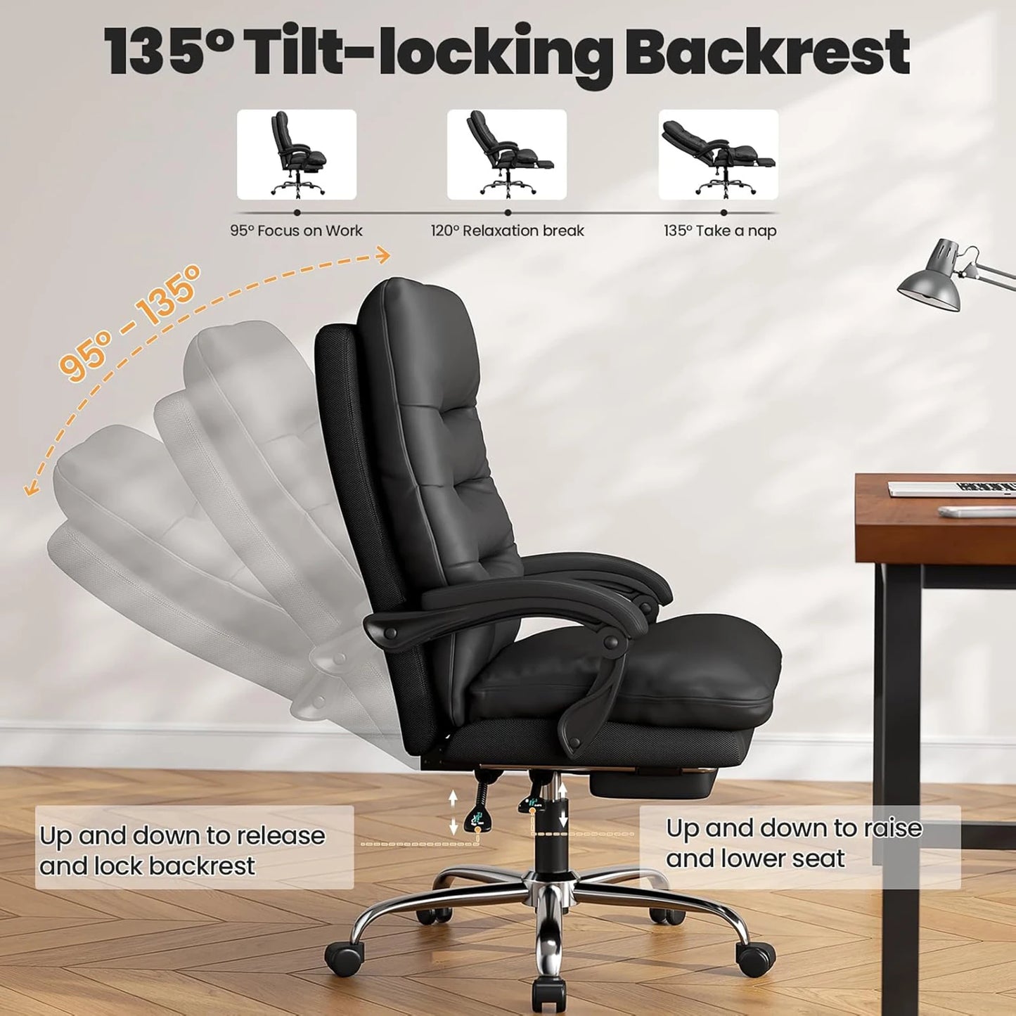 Executive Office Chair Big and Tall Office Desk Chair Home Ergonomic Computer Chair PU Leather Recliner with Foot Rest